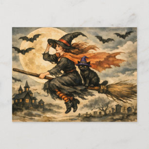 Cartão Postal De Festividades Bruxa de Halloween Vintage, Gato Preto na Vassoura