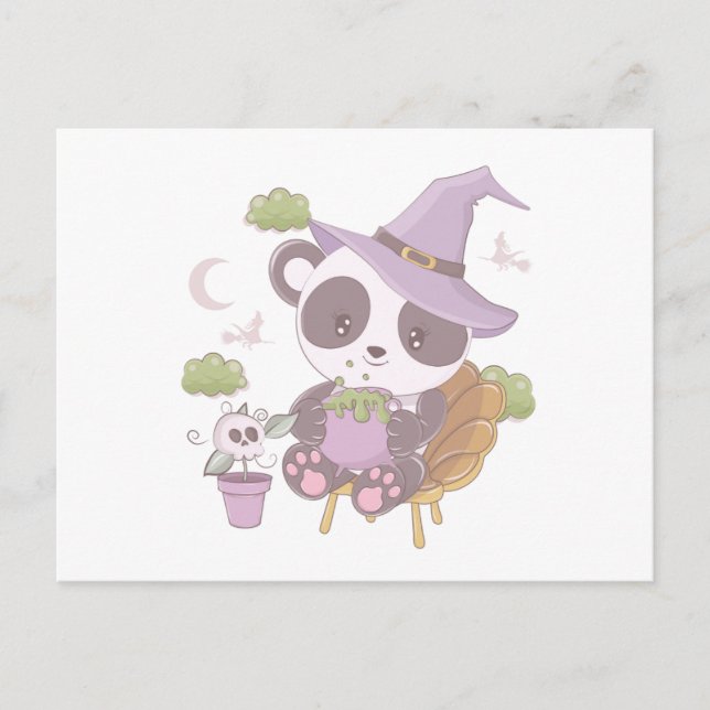 Cartão Postal De Festividades Bruxa de Panda Super Bonita e Halloween de Lua Cre (Frente)