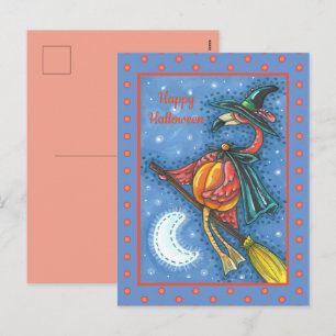 CARTÃO POSTAL DE FESTIVIDADES BRUXA FLAMENGO ROSA, VOANDO SOBRE A LUA NUMA VASSO