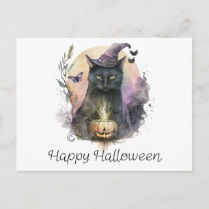 Cartão Postal De Festividades Bruxas Gato Preto Chapéu Borboletas Feliz Dia das 
