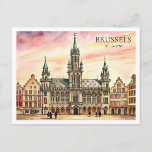 Cartão Postal De Festividades Bruxelas Bélgica Aquarela Grande Palácio