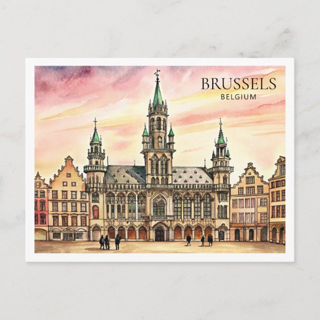 Cartão Postal De Festividades Bruxelas Bélgica Aquarela Grande Palácio (Frente)