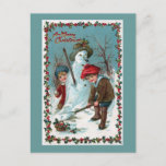 Cartão Postal De Festividades "Building the Snowman" Vintage<br><div class="desc">Lovely vintage Christmas image of  two children building a snowman. The bigger child is shoveling the snow and the smaller is hiding behind the snowman getting ready to throw a snowball. The message is "A Merry Christmas".</div>