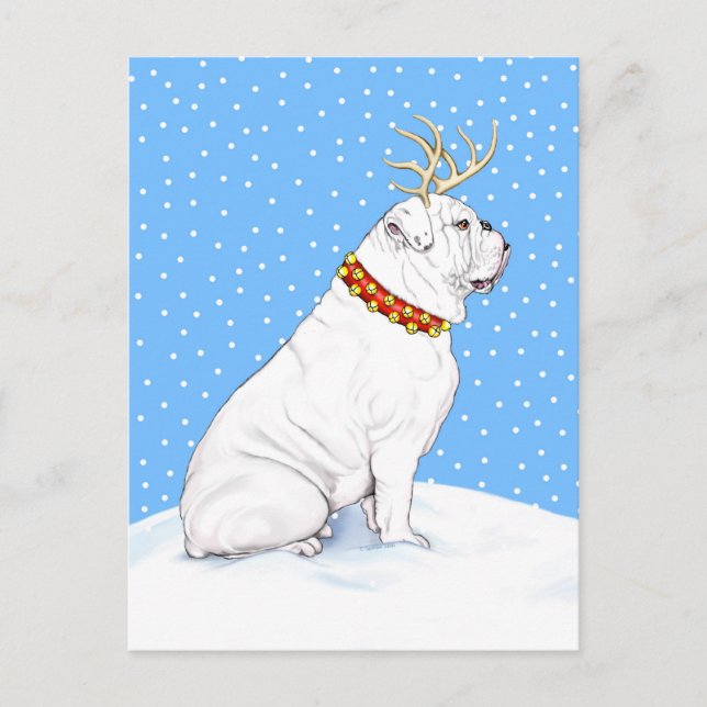 Cartão Postal De Festividades Buldogue Christmas Reindeer White (Frente)