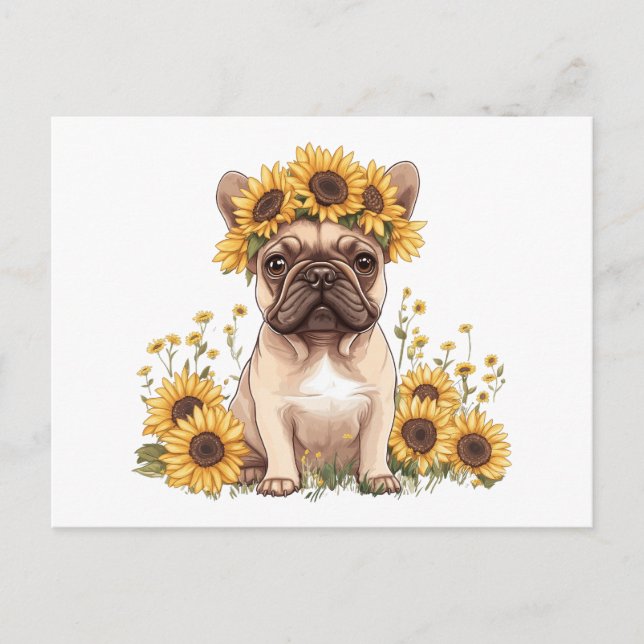 Cartão Postal De Festividades Buldogue Francês Cercado Por Girassóis (Frente)