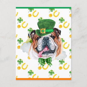 Cartão Postal De Festividades Buldogue Inglês Trevo Dia de São Patrício