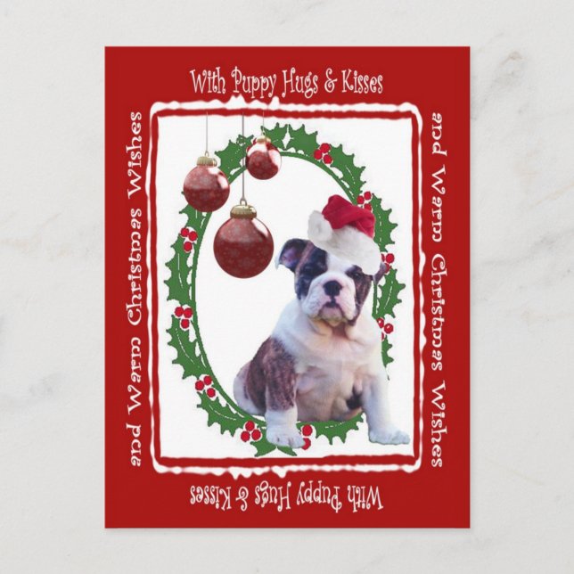 Cartão Postal De Festividades Bulldog Christmas Puppy Hugs Postcard #2 (Frente)