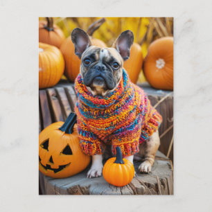 Cartão Postal De Festividades Bulldog Francês em Roupas de Cachorro de Tricô