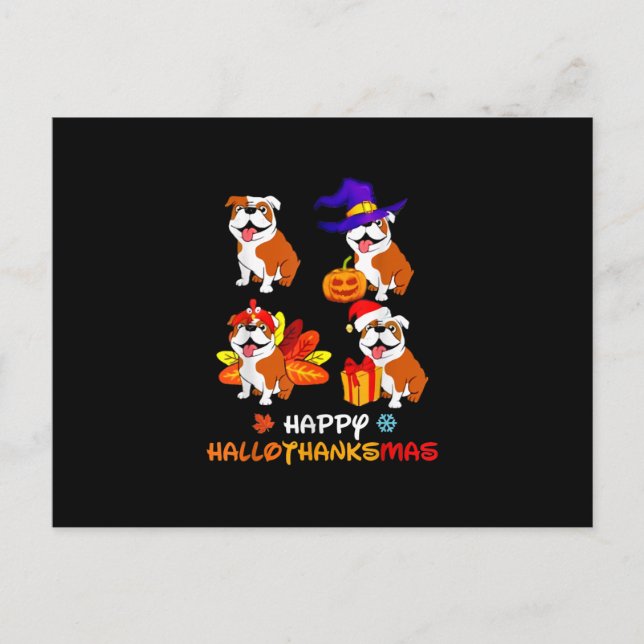 Cartão Postal De Festividades Bulldog Halloween E Feliz Natal Feliz Hallot (Frente)