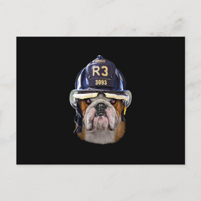 Cartão Postal De Festividades Bulldog Inglês Grumpy Vestindo Helmet para Bombeir (Frente)