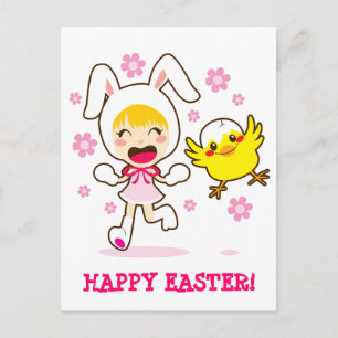 Cartão Postal De Festividades Bunny Girl E Little Pintinho