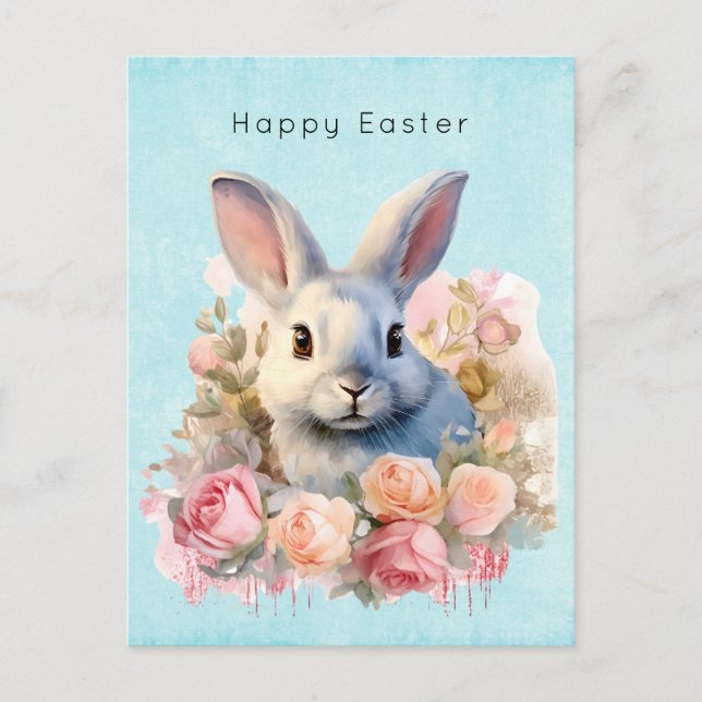 Cartão Postal De Festividades Bunny with a Garland of Roses Cute Easter (Frente)