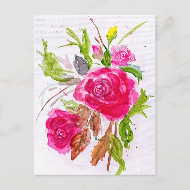Cartão Postal De Festividades Buquê de aquarelas de rosas de jardim vermelho (Frente)