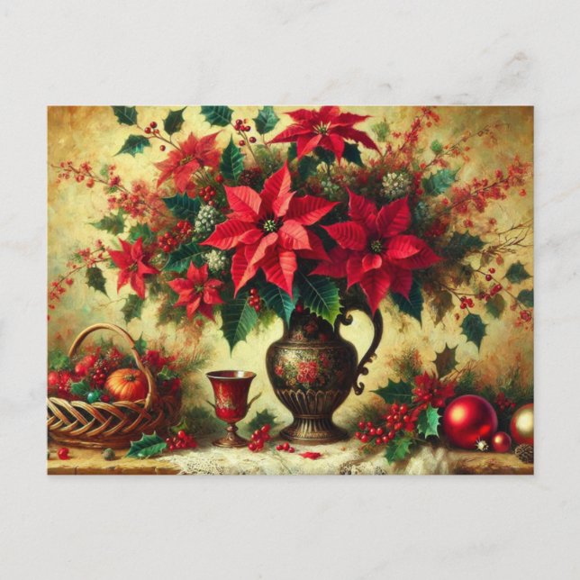 Cartão Postal De Festividades Buquê de Poinsettia Vermelha Natal (Frente)