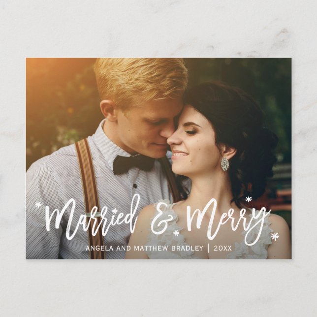 Cartão Postal De Festividades Burgundy Floral Casada e Feliz Foto de Natal (Frente)