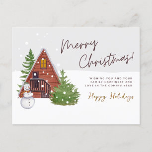 Cartão Postal De Festividades Cabana de Inverno Aconchegante & Boneco de Neve