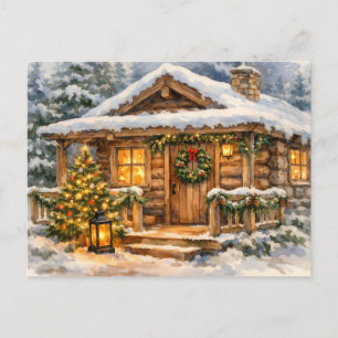 Cartão Postal De Festividades Cabana de Natal em aquarela na floresta