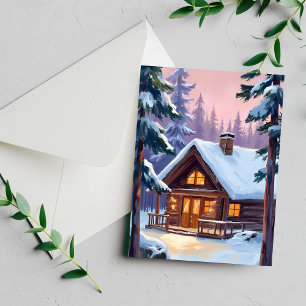 Cartão Postal De Festividades Cabana de Natal Floresta Inverno Neve