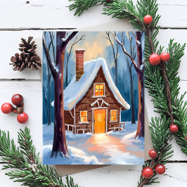 Cartão Postal De Festividades Cabana nos bosques invernais nevados de Natal
