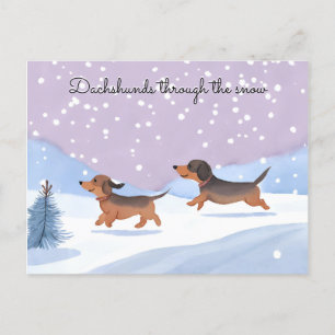 Cartão Postal De Festividades Cachorrinhos Dachshunds fofos na Neve Natal