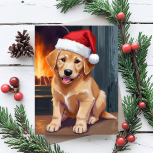 Cartão Postal De Festividades Cachorro Alegre   Cachorro com Chapéu de Papai Noe