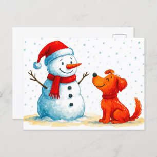 Cartão Postal De Festividades Cachorro Aquarela com Snowman no inverno
