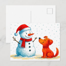 Cartão Postal De Festividades Cachorro Aquarela com Snowman no inverno