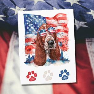 Cartão Postal De Festividades Cachorro Basset Hound Vermelho Branco e Azul 4 de