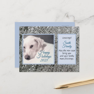 Cartão Postal De Festividades Cachorro Branco Bonito Tema de inverno Azul