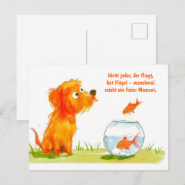 Cartão Postal De Festividades Cachorro de Aquarela e Boliche de Peixes Dourados