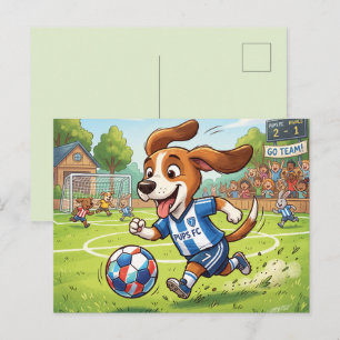 Cartão Postal De Festividades Cachorro de Desenho Animado Jogando Futebol ou Fut