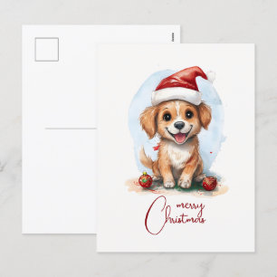 Cartão Postal De Festividades Cachorro de Natal animado com Papai Noel e Ornamen