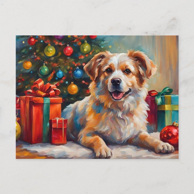 Cartão Postal De Festividades Cachorro de Natal com Presentes (Frente)