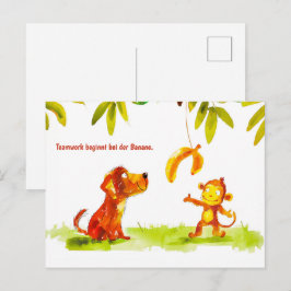 Cartão Postal De Festividades Cachorro e Macaco Querem Banana
