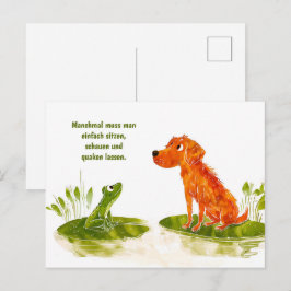 Cartão Postal De Festividades Cachorro e Sapo de Aquarela em Lily Pad