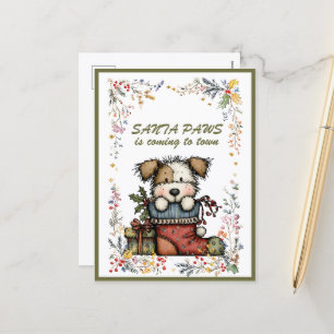 Cartão Postal De Festividades Cachorro em Meia Papai Noel está Chegando à Cidade