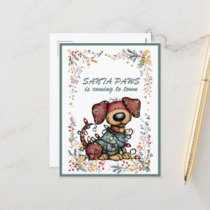 Cartão Postal De Festividades Cachorro Envolvido em Luzes Papai Noel está Chegan