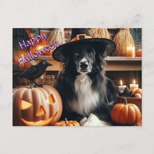 Cartão Postal De Festividades Cachorro Halloween e Jack O Lanterna (Frente)