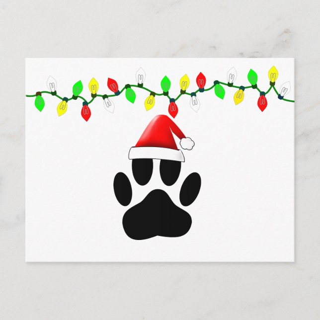 Cartão Postal De Festividades Cachorro Pawprint Papai Noel Luzes de Natal (Frente)