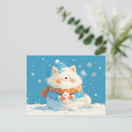 Cartão Postal De Festividades Cachorro Samoyed Aconchegante com Mini Boneco de N