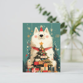 Cartão Postal De Festividades Cachorro Samoyed fofo com Natal