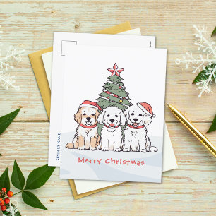 Cartão Postal De Festividades Cachorros de Aquarela Bonitos com Natal Santa Hats