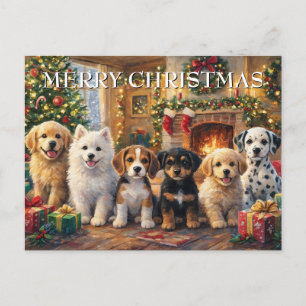 Cartão Postal De Festividades Cachorros de Natal junto à Lareira e Árvore Decora