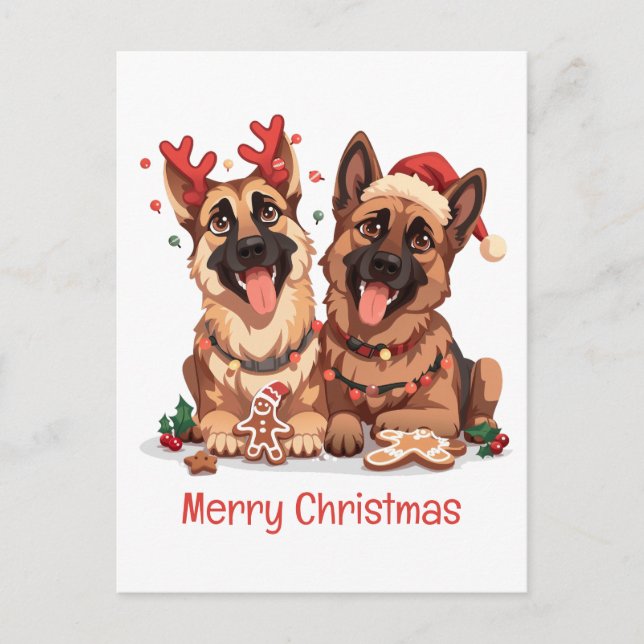 Cartão Postal De Festividades Cães de German shepherd Feliz de Natal (Frente)