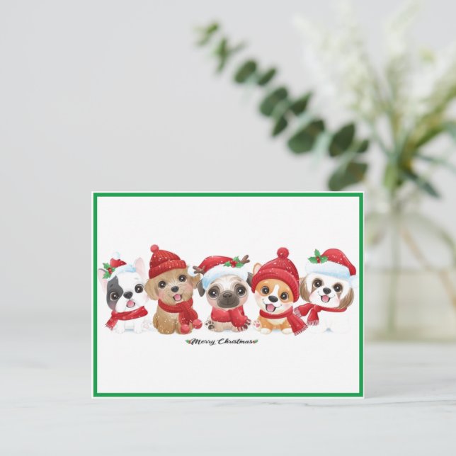 Cartão Postal De Festividades Cães em Santa Hats Animais empilham Verde moderno (Em pé/Frente)