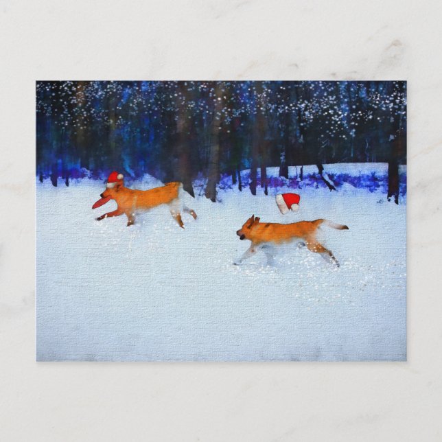 Cartão Postal De Festividades Cães papais noeis Piscando na neve (Frente)