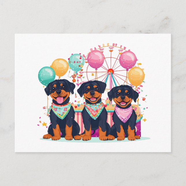 Cartão Postal De Festividades Cães Rottweiler Num Carnaval (Frente)