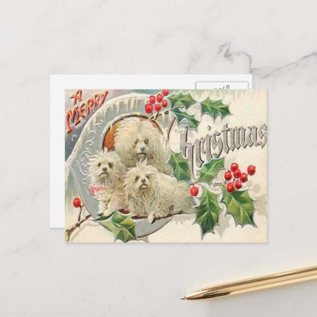 Cartão Postal De Festividades Cães Vintage de Natal (Frente/Verso In Situ)