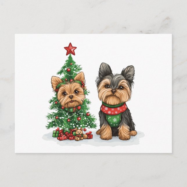 Cartão Postal De Festividades Cães Yorkie de Natal (Frente)