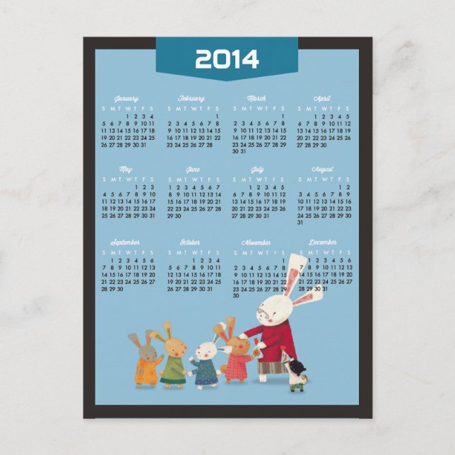 Cartão Postal De Festividades Calendário 2014 - Feliz Ano Novo Coelho Família Co (Frente)